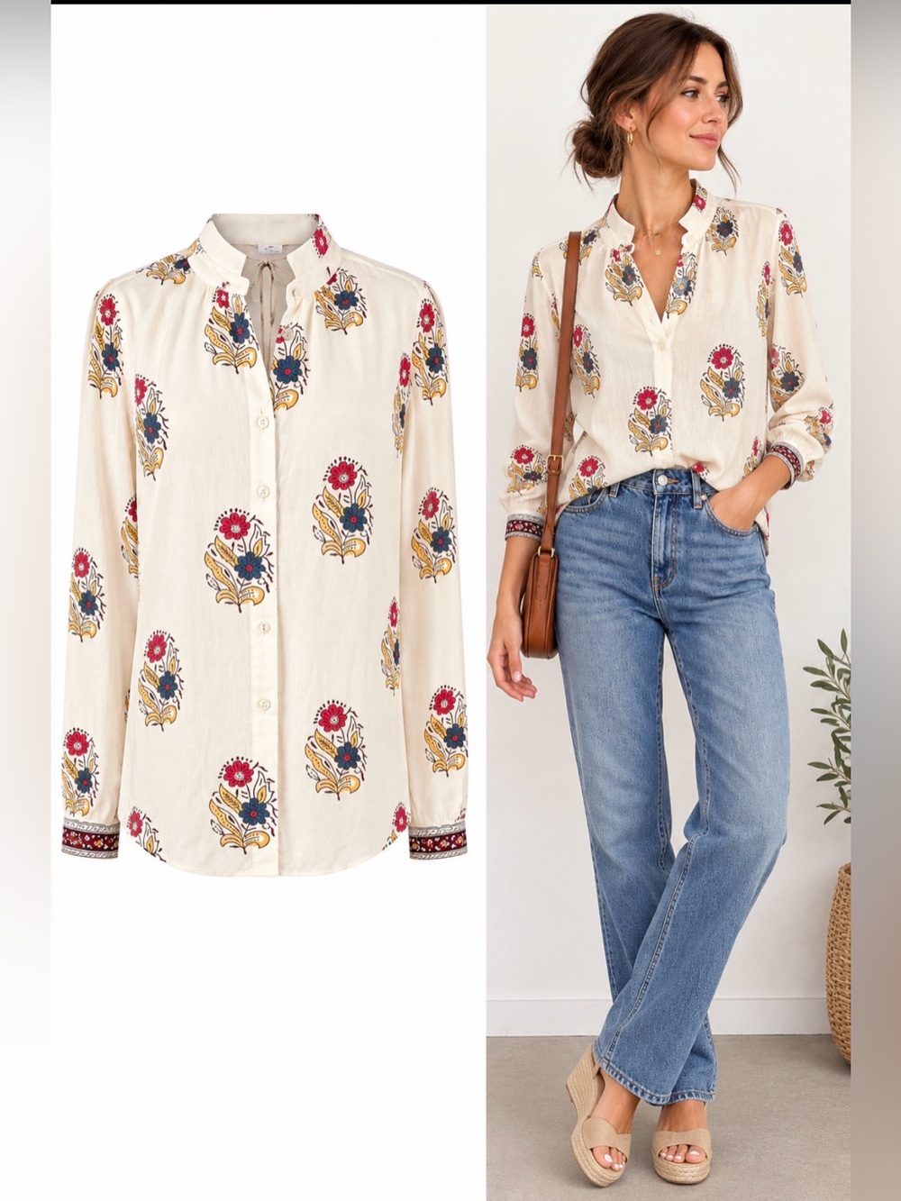 Elie Tahari Cream shirt with Red and Yellow Floral Print. XS. NWT